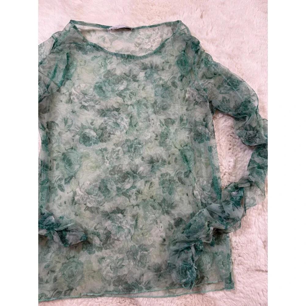 Zara Mesh Top Green Floral Ruched Sleeve Sheer Fairycore Whimsigoth Festival S